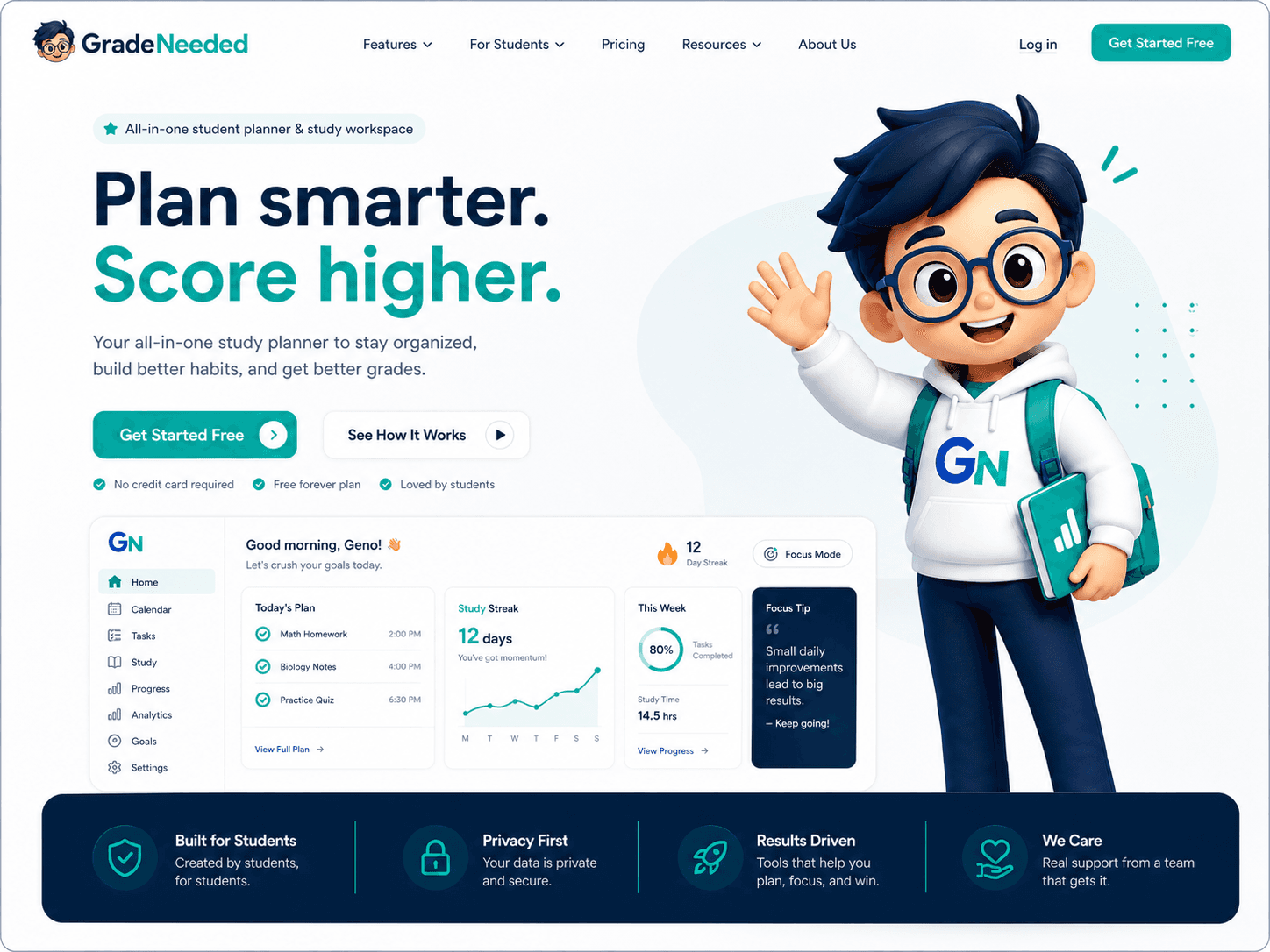 GradeNeeded dashboard — grades, planner, and study in one place